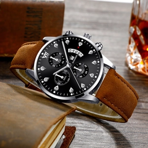Macro view of SHAARMS men's business watch with Roman numerals and leather strap detail