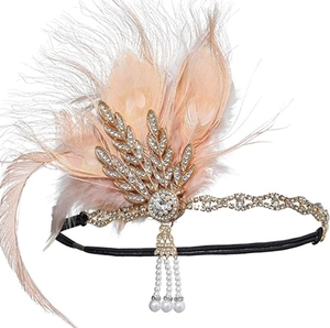 Luxurious 1920s Gatsby headband with pink ostrich feathers and sparkling rhinestones