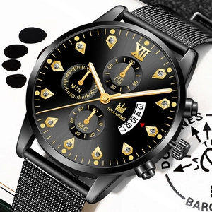 Montre à quartz pour hommes avec bracelet milanais noir et cadran romain en diamant