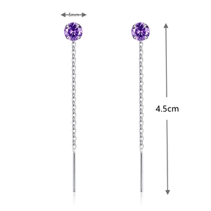 Detail of S925 silver threader earrings with 5mm purple gemstone and 4.5cm tassel length