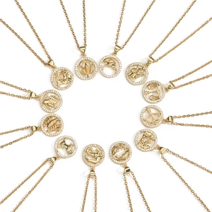 Golden 12 zodiac pendant necklaces with zircon micro-inlay set on thin O-chains