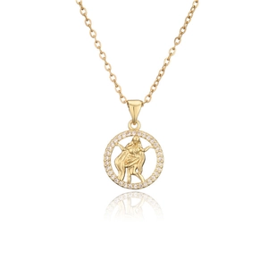 Detail of gold Virgo zodiac pendant necklace with micro-pave crystals on white background