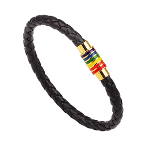 Braided black leather bracelet featuring a colorful rainbow magnetic metal clasp for unisex