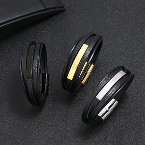 Multi-layer men's leather bracelets with magnetic clasps in black, gold, and silver finishes