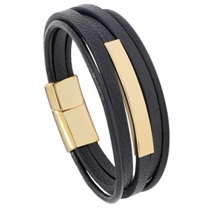 Men's multi-layer black leather bracelet with polished gold metal plate and magnetic clasp