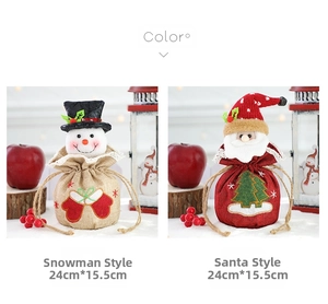 Detail of Santa and Snowman drawstring burlap gift bags measuring 24cm by 15.5cm