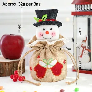 Detailed view of snowman drawstring gift bag with festive Christmas decor and red glove patch