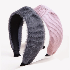 Wide mohair knit headbands in pink and grey colors with soft plush texture