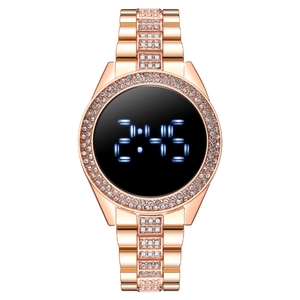Fashion Women LED Digital Watch Luxury Rhinestone Encrusted Metal Strap Touch Screen Bling Wristwatch