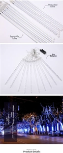 Detailed close-up of waterproof LED meteor shower rain lights with threaded and smooth tubes