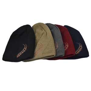 Winter thermal fleece knit beanies for men with wheat embroidery in five classic colors