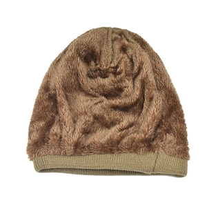 Men's brown winter knit beanie featuring thick faux fur lining and wheat embroidery