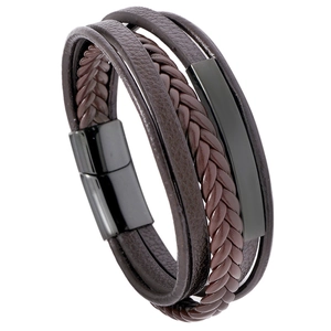 Men's multilayered brown braided leather bracelet with black magnetic metal clasp