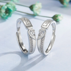 Copper Zirconia Heart Shaped Couple Rings Set Forever Love Engraved Adjustable Open Wedding Band Fashion Jewelry For Lovers