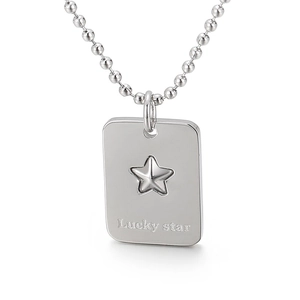 Collier chaîne à boules en acier inoxydable poli avec pendentif rectangulaire Lucky Star