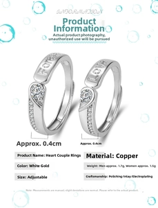 Size chart for adjustable heart rings featuring silver plating and zircon settings