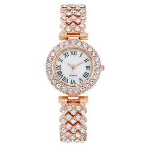 Luxurious rose gold quartz watch for women with Roman numerals and full crystal inlay