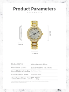 Spécifications de la montre femme dorée avec cadran serti de cristaux et bracelet en alliage