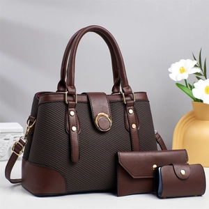 Three-piece dark brown large capacity tote bag set with wallet for stylish commuting