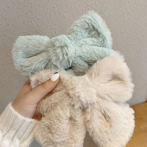 Large plush bow hair clips in light grey and cream apricot faux fur for women