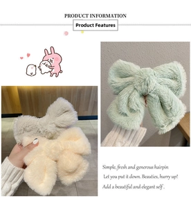 Detail of plush bow hair clips in beige and light green featuring soft faux fur texture