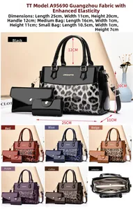 Detailed interior view and size dimensions for the leopard print three-piece handbag set