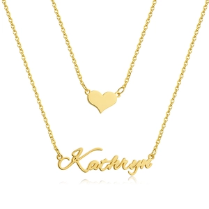 Double Layer Necklace Stainless Steel Heart Pendant Script Nameplate Chain Vintage Retro Style Women Jewelry