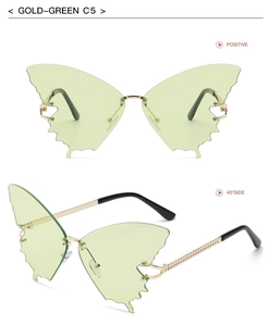 Close-up detail of butterfly-shaped rimless sunglasses in gold-green with sharp lens edges