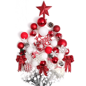 Christmas tree ornament set with red and white balls, snowflakes and stars in tree shape