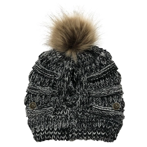 Close-up of grey knit hat showing texture, brown faux fur pom and gold rose buttons