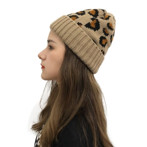 Stylish leopard print knit beanie for women shown from a side profile view on a model