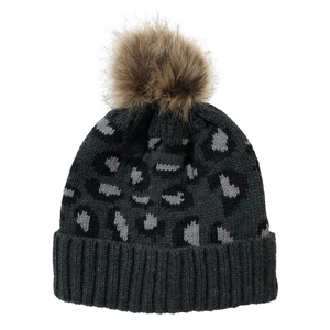 Detailed close-up of leopard print knit beanie featuring a fluffy faux fur pom-pom topper