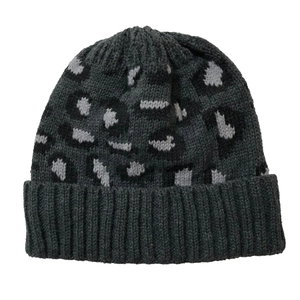 Detail of grey leopard print knit beanie featuring thick ribbed cuff and texture