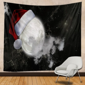 Christmas wall tapestry with silver moon and Santa hat on black fabric background