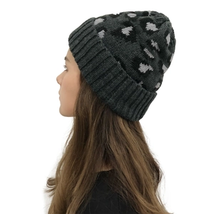 Detail of grey leopard print knitted beanie showing the rolled cuff and texture