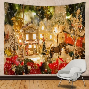 Detailansicht der großen Weihnachts-Wandtattoo mit verschneiter Hütte und roten Blumenmotiven