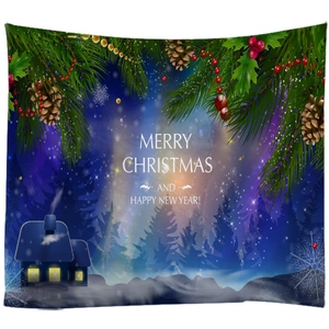 Christmas tapestry featuring pine branches, cones, and a cozy winter forest night background