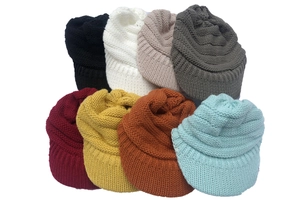 Detail shot of chunky knit winter caps with brims in eight assorted warm colors