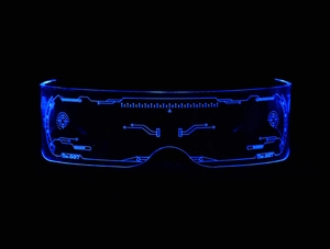 Detailed view of blue LED cyberpunk glasses with futuristic acrylic engraving and No.007 design