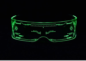 Detail of neon green LED cyberpunk glasses with futuristic circuit pattern and No.007 print
