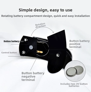 Detail view showing rotating battery compartment and two 3V button cells on LED glasses