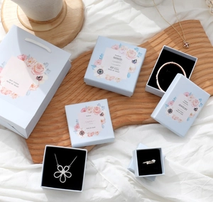 Elegant light blue jewelry gift boxes and matching bags set for rings and necklaces