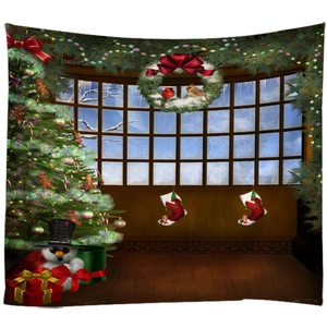 Christmas tapestry with festive snowman and decorated tree for dorm wall decor