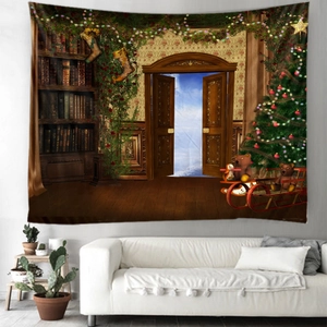 Christmas tapestry wall hanging with vintage fantasy library and decorated tree for room decor