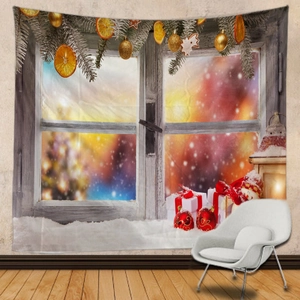 Macro detail of Christmas wall tapestry featuring winter window scene and holiday decor