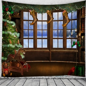 Detail of Christmas tapestry featuring a cozy festive room with tree and teddy bear