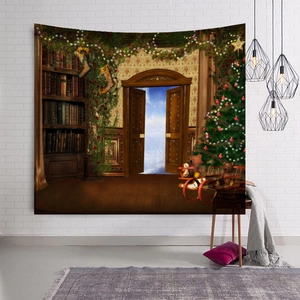 Detail of Christmas library tapestry with magic door and vintage bookshelf on brick wall