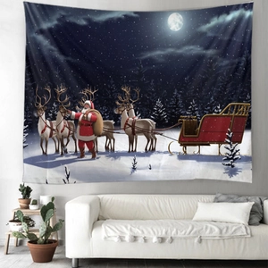 Christmas tapestry featuring Santa and reindeer over a snowy night forest backdrop