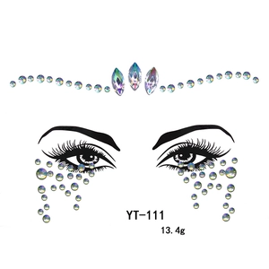 Detailed view of YT-111 face gems with iridescent round and teardrop acrylic crystals