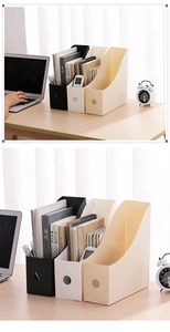 Three-piece set of durable plastic desk organizers in black, white, and beige colors